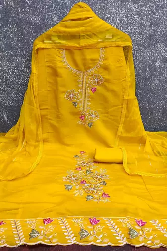 women's mustard unstitched roman silk dress material with emblished dupatta