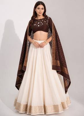 off white cotton embroidered mirror work ghagra choli 1