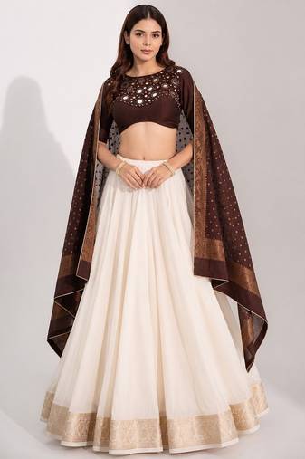 off white cotton embroidered mirror work ghagra choli