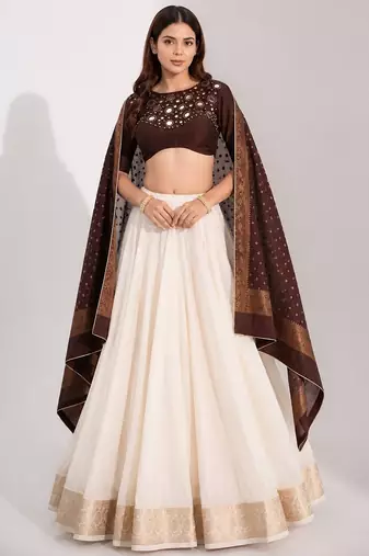 off white cotton embroidered mirror work ghagra choli
