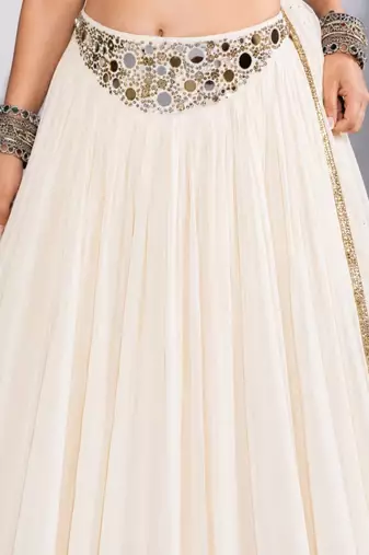 off white cotton embroidered mirror work ghagra choli