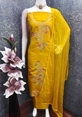 women's mustard unstitched roman silk dress material with emblished dupatta 1