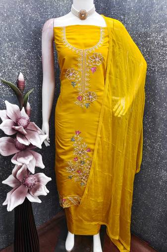 women's mustard unstitched roman silk dress material with emblished dupatta