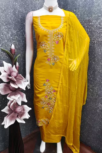 women's mustard unstitched roman silk dress material with emblished dupatta