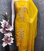 women's mustard unstitched roman silk dress material with emblished dupatta
