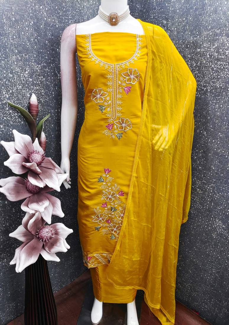 women's mustard unstitched roman silk dress material with emblished dupatta