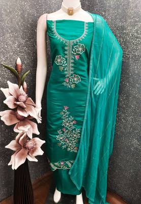women's sea green unstitched roman silk dress material with emblished dupatta 1