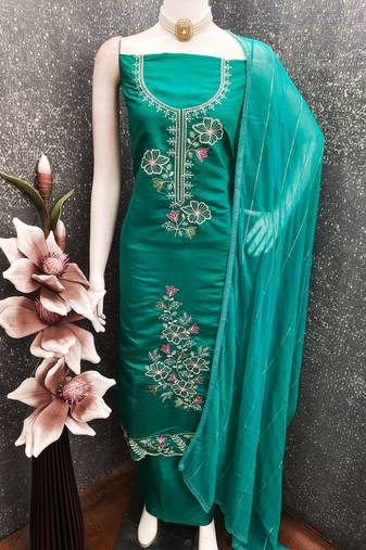 women's sea green unstitched roman silk dress material with emblished dupatta