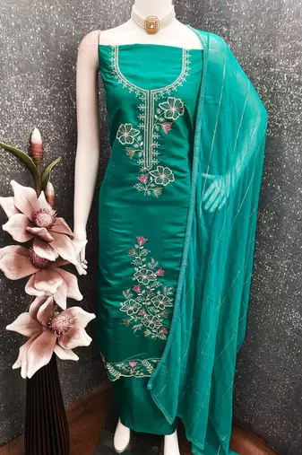 women's sea green unstitched roman silk dress material with emblished dupatta