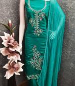 women's sea green unstitched roman silk dress material with emblished dupatta