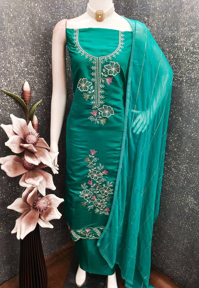 women's sea green unstitched roman silk dress material with emblished dupatta