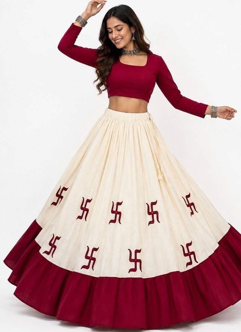off white cotton embroidered zari work ghagra choli