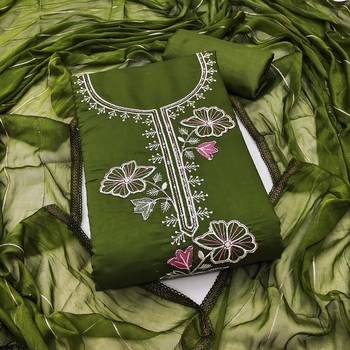 women's green unstitched roman silk dress material with emblished dupatta 2