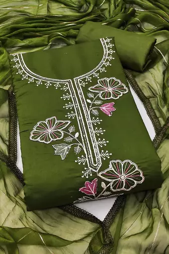 women's green unstitched roman silk dress material with emblished dupatta