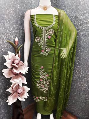 women's green unstitched roman silk dress material with emblished dupatta 1