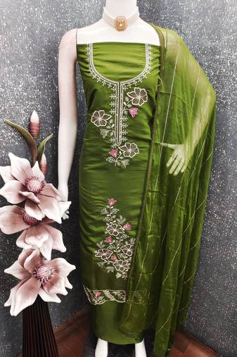 women's green unstitched roman silk dress material with emblished dupatta