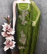 women's green unstitched roman silk dress material with emblished dupatta