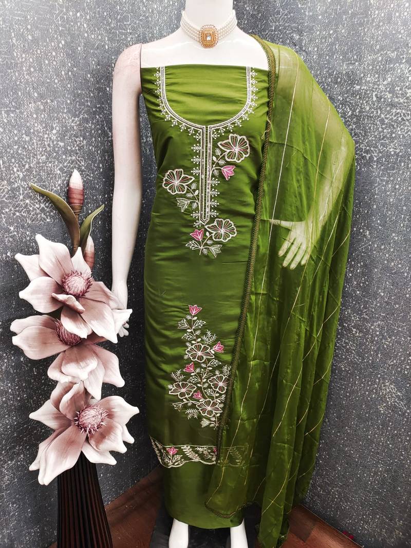 women's green unstitched roman silk dress material with emblished dupatta