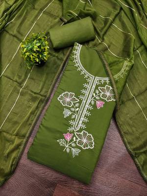 women's green unstitched roman silk dress material with emblished dupatta 3