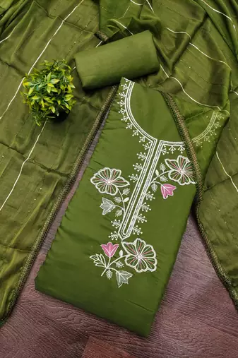 women's green unstitched roman silk dress material with emblished dupatta