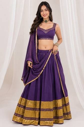 purple silk blend embroidered zari work ghagra choli