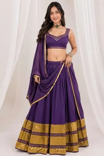 purple silk blend embroidered zari work ghagra choli