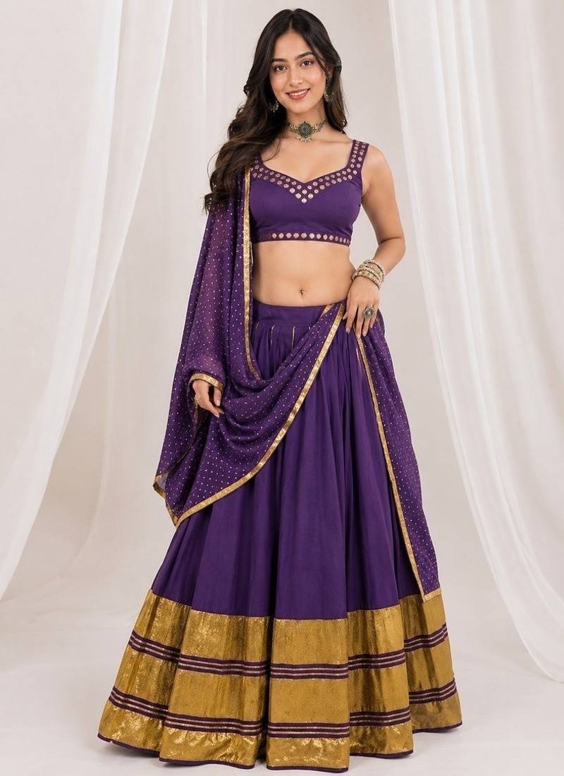 purple silk blend embroidered zari work ghagra choli