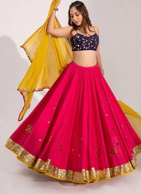 hot pink cotton embroidered mirror work ghagra choli 1