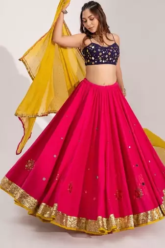 hot pink cotton embroidered mirror work ghagra choli
