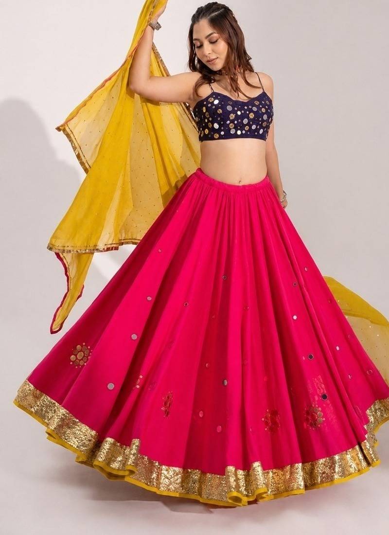 hot pink cotton embroidered mirror work ghagra choli
