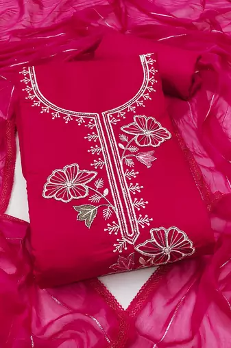 women's magenta unstitched roman silk dress material with emblished dupatta