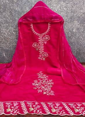 women's magenta unstitched roman silk dress material with emblished dupatta 3