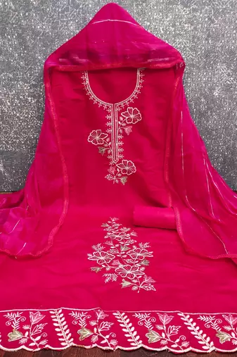 women's magenta unstitched roman silk dress material with emblished dupatta
