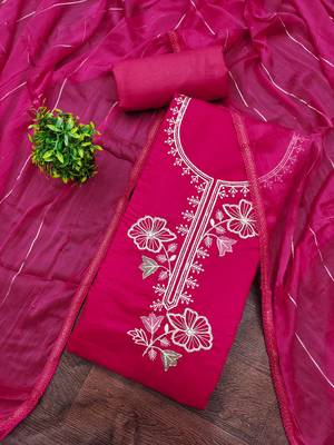 women's magenta unstitched roman silk dress material with emblished dupatta 4