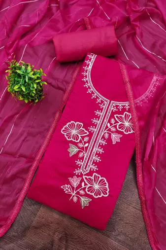 women's magenta unstitched roman silk dress material with emblished dupatta