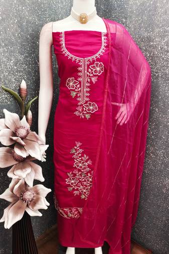 women's magenta unstitched roman silk dress material with emblished dupatta