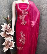 women's magenta unstitched roman silk dress material with emblished dupatta