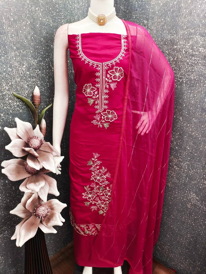 women's magenta unstitched roman silk dress material with emblished dupatta
