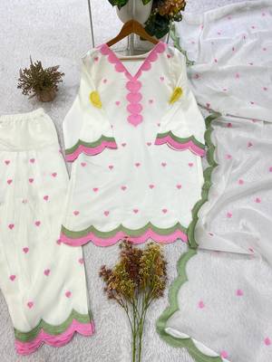 white color embroidery work border chanderi salwar suit 2