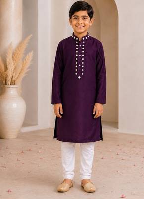 Purple cotton stitched  mirror work boys kurta pyjama 1
