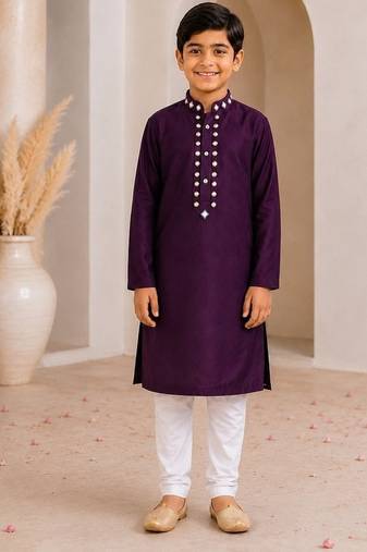 Purple cotton stitched  mirror work boys kurta pyjama