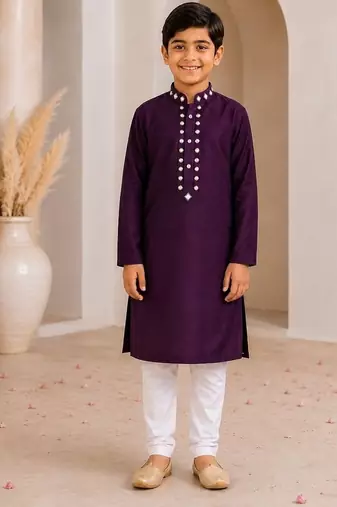 Purple cotton stitched  mirror work boys kurta pyjama