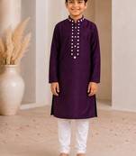 Purple cotton stitched  mirror work boys kurta pyjama