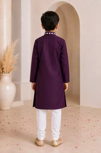 Purple cotton stitched  mirror work boys kurta pyjama