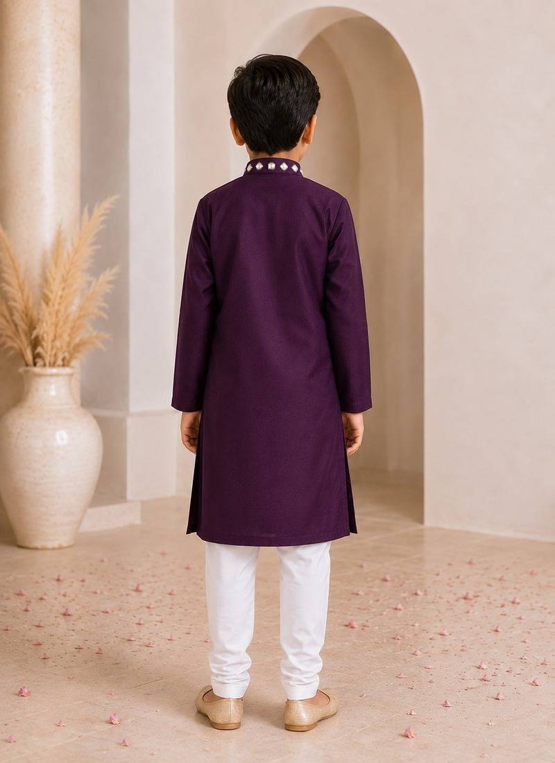 Purple cotton stitched  mirror work boys kurta pyjama