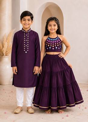Purple cotton stitched  mirror work boys kurta pyjama 3