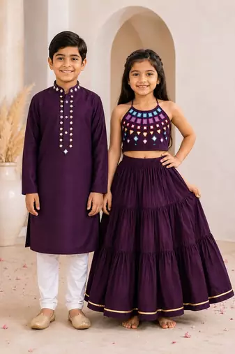 Purple cotton stitched  mirror work boys kurta pyjama