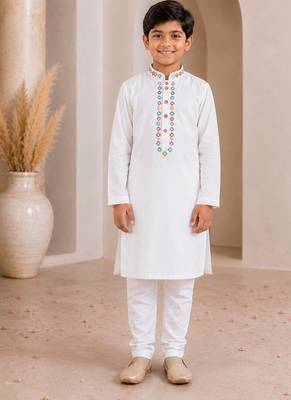 White cotton stitched  mirror work boys kurta pyjama 1