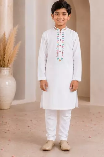 White cotton stitched  mirror work boys kurta pyjama