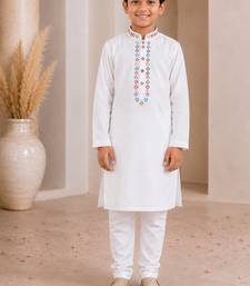 White cotton stitched  mirror work boys kurta pyjama